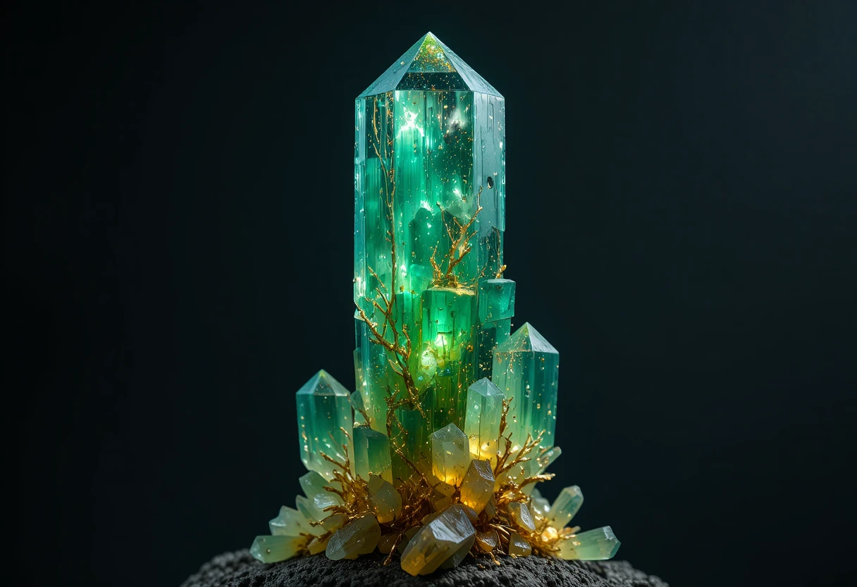 Pilastro di cristallo smeraldo e oro che brilla su sfondo scuro