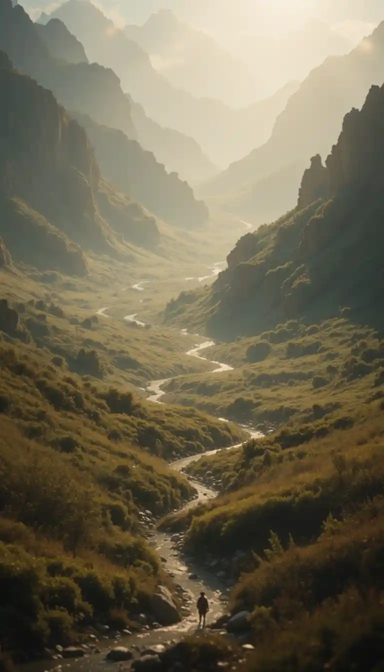 Paysage doré serein sous une douce lumière chaude et cinématographique