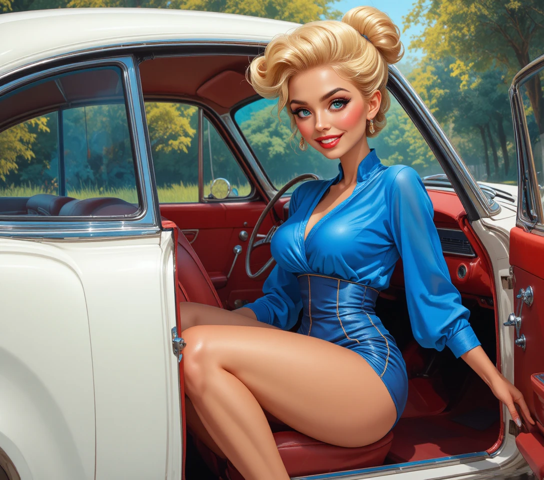 Blonde pin up woman posing in a white sports car