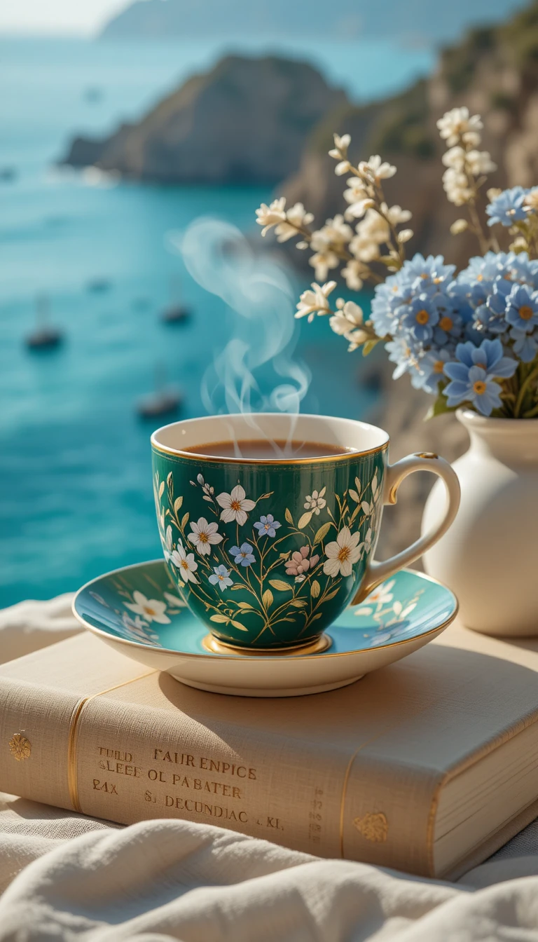 Taza de café de cerámica sobre libro junto al soleado mar Mediterráneo