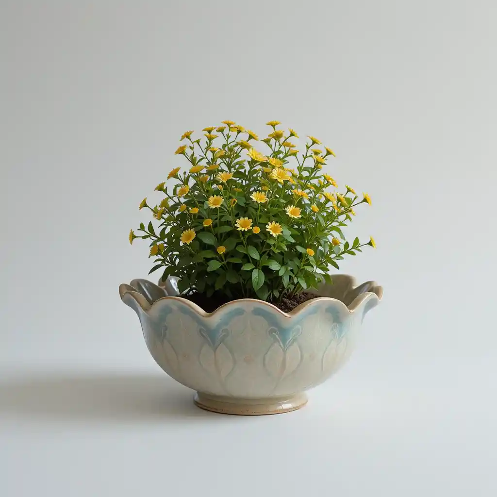 Elegante pianta in vaso in una ciotola decorata su sfondo bianco