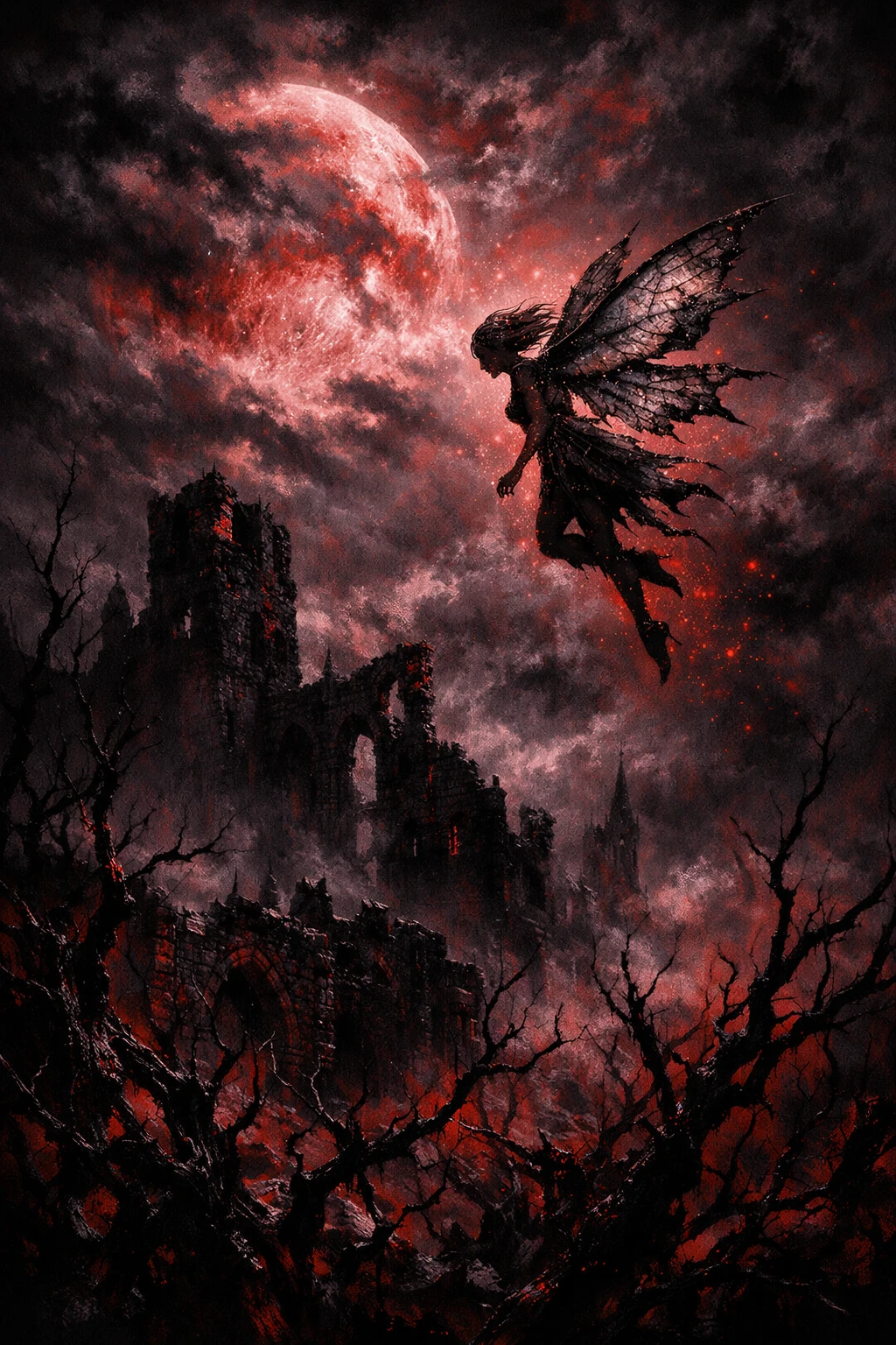 Pequeña hada sobre ruinas iluminadas por la luna en una escena de fantasía oscura