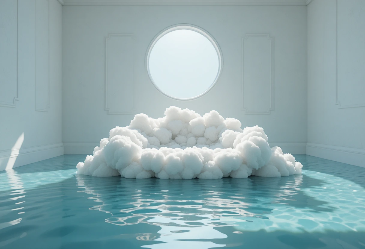 Surreal minimalist room with cloud sofa and water floor