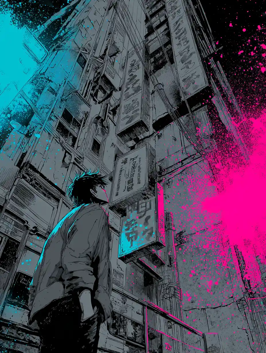 Neo noir dandadan fanart in neon cyberpunk city