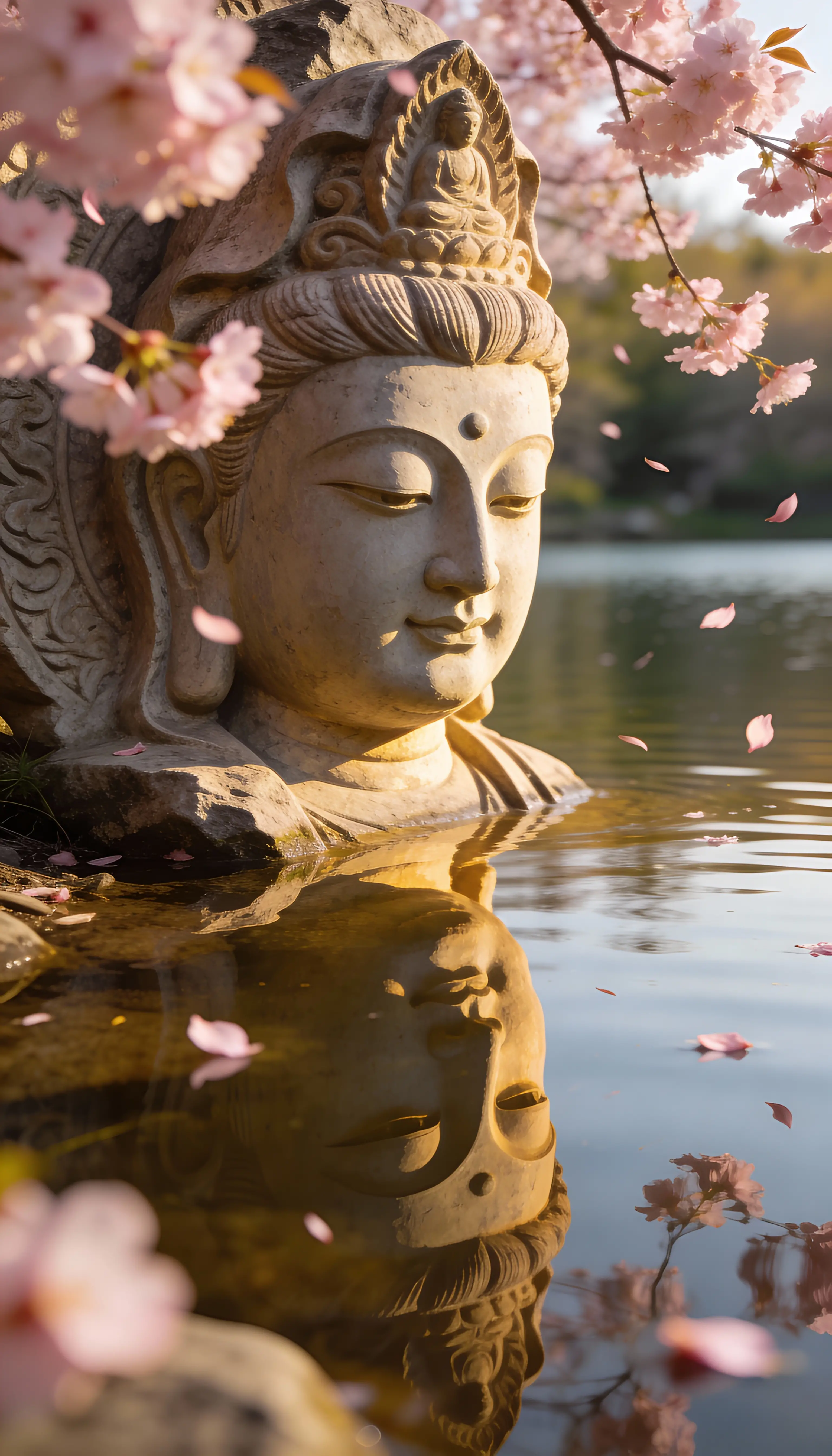 Serene Stone Buddha Statue Reflected On Tranquil Lakeside