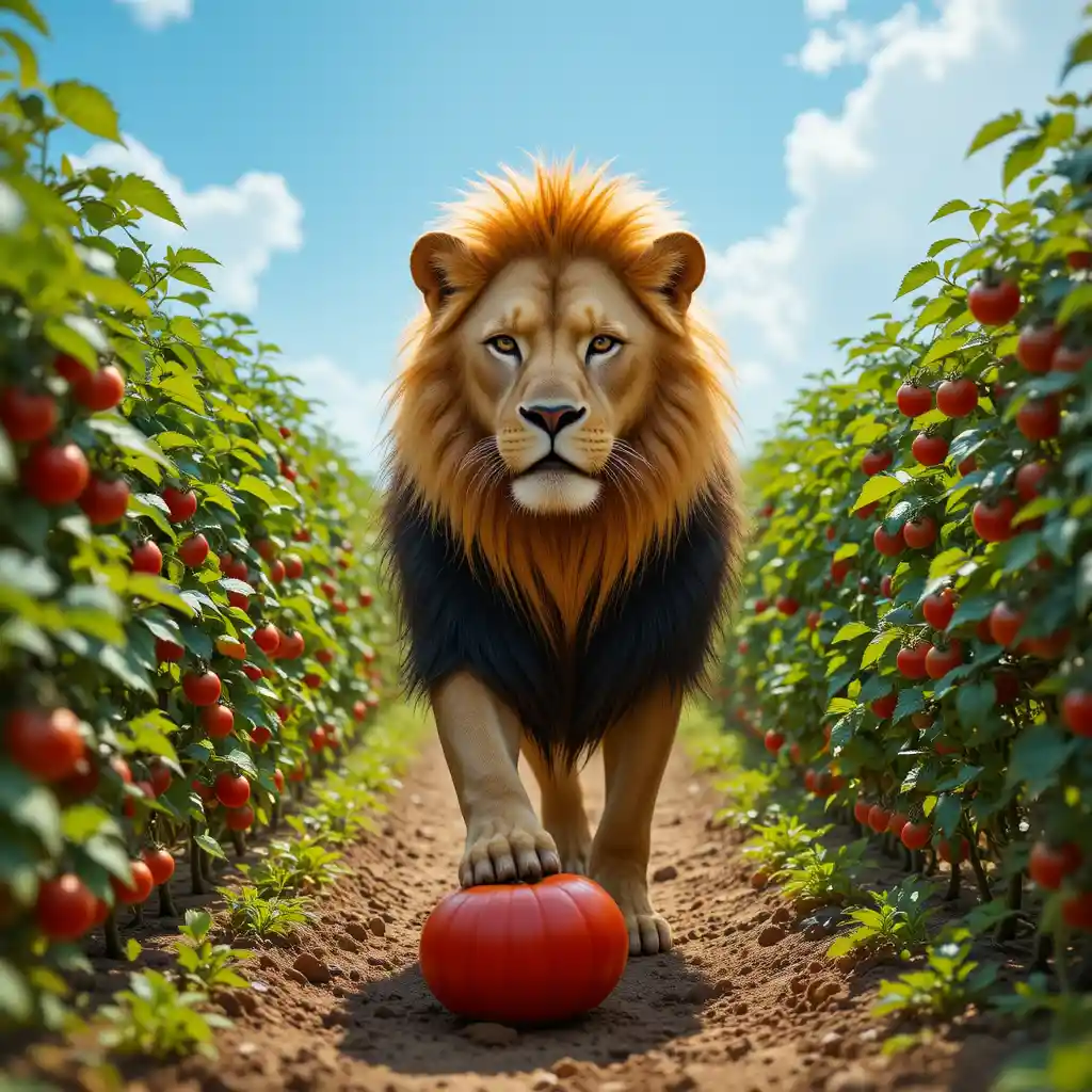 Majestuoso león caminando por una frondosa huerta de tomates