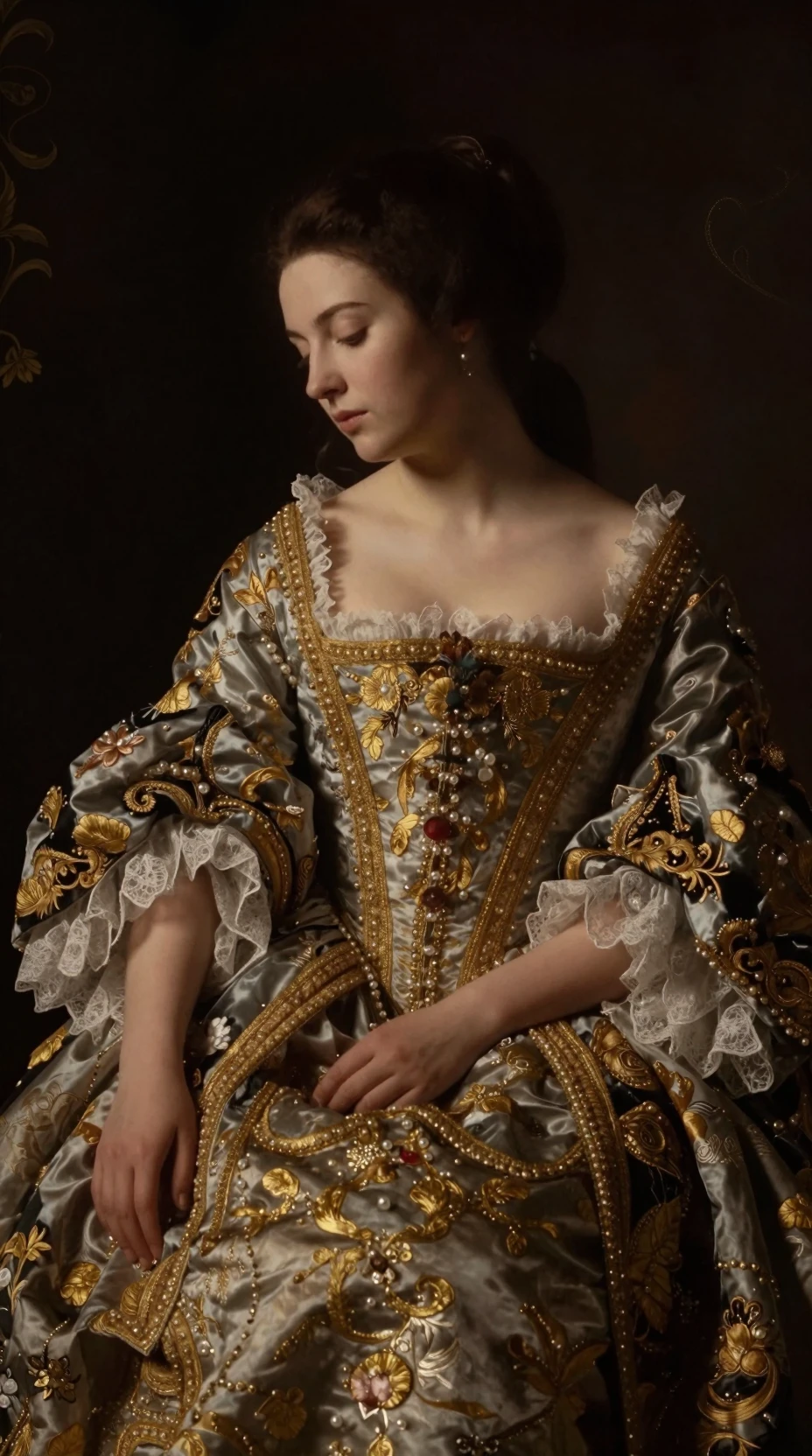 Contemplative noblewoman portrait in rich baroque chiaroscuro
