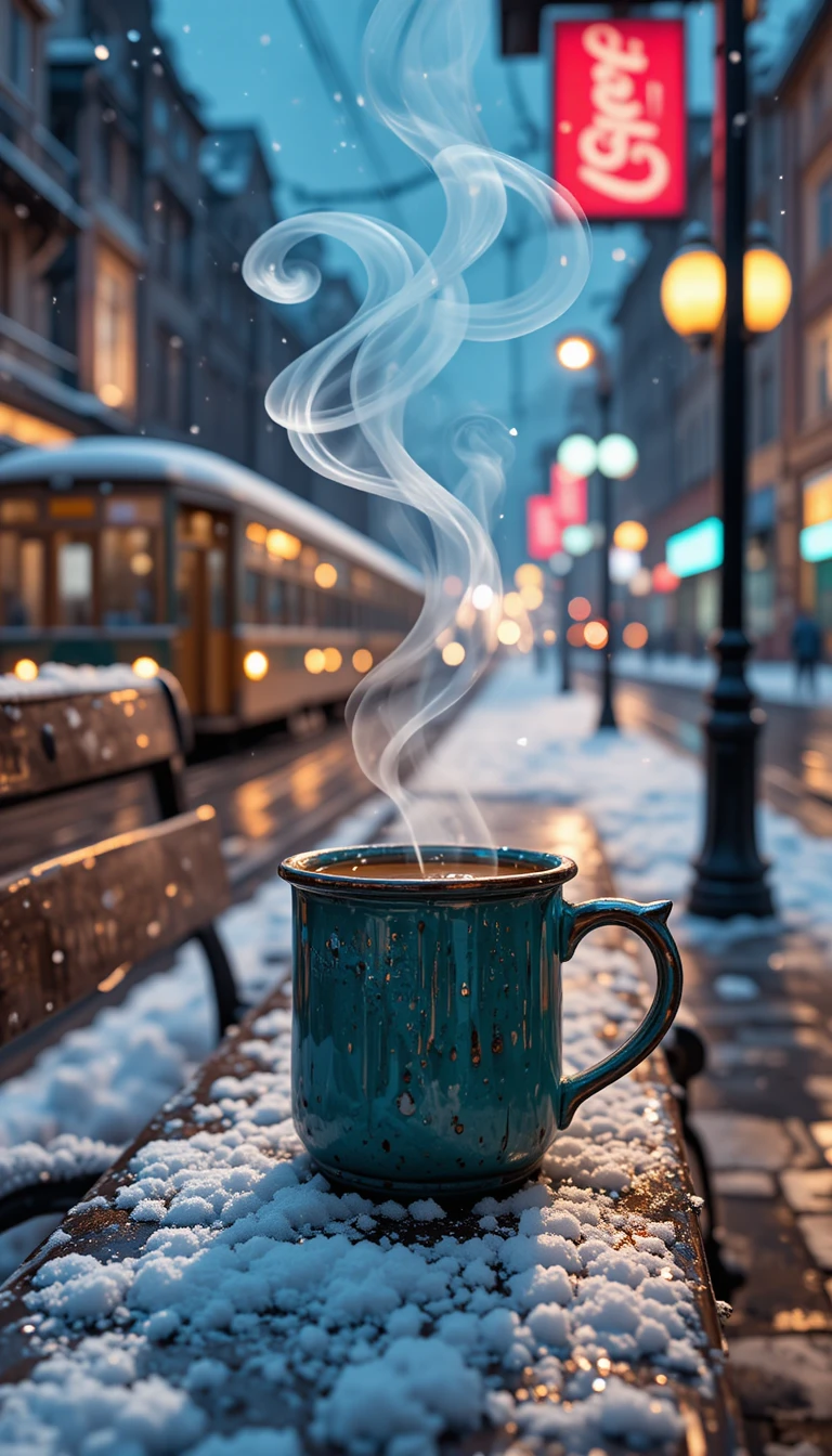 Taza de café humeante en un banco nevado de parada de tranvía de noche