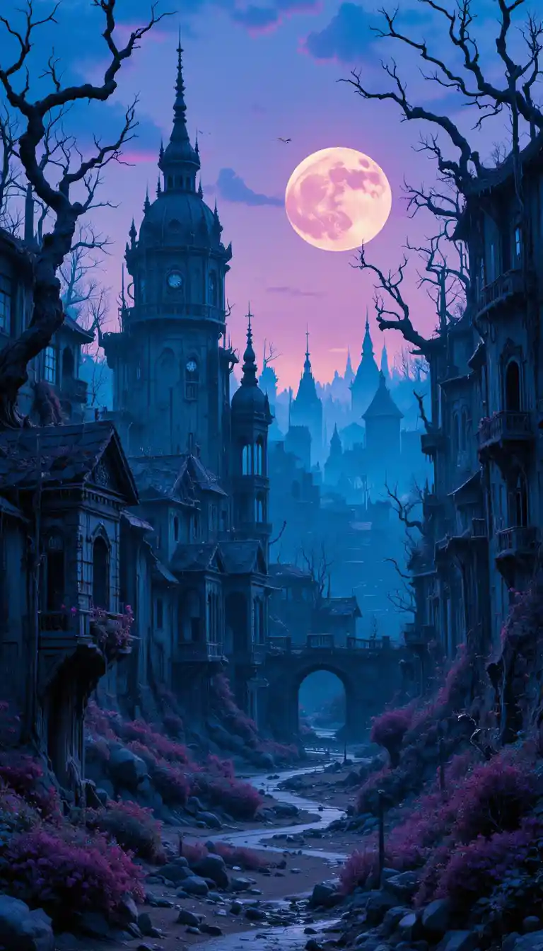 Ruinas de ciudad cubierta de vegetación al atardecer en colores vívidos