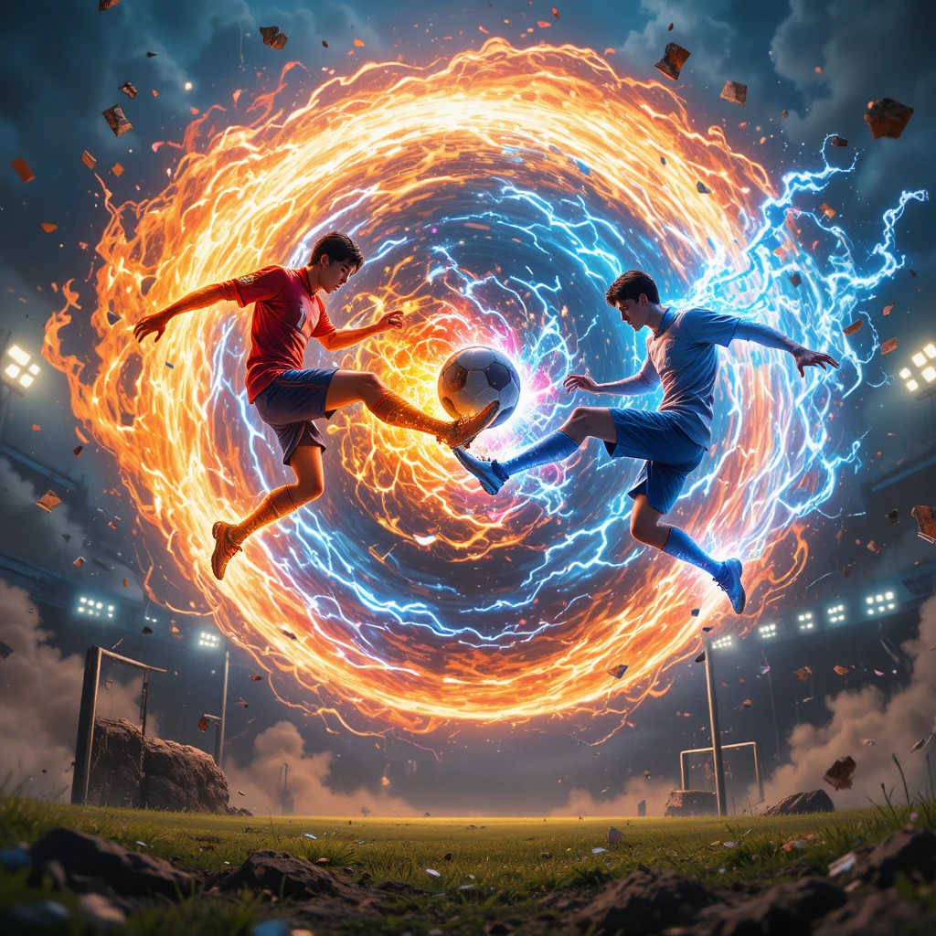 Doble disparo elemental de fútbol con energía explosiva de anime