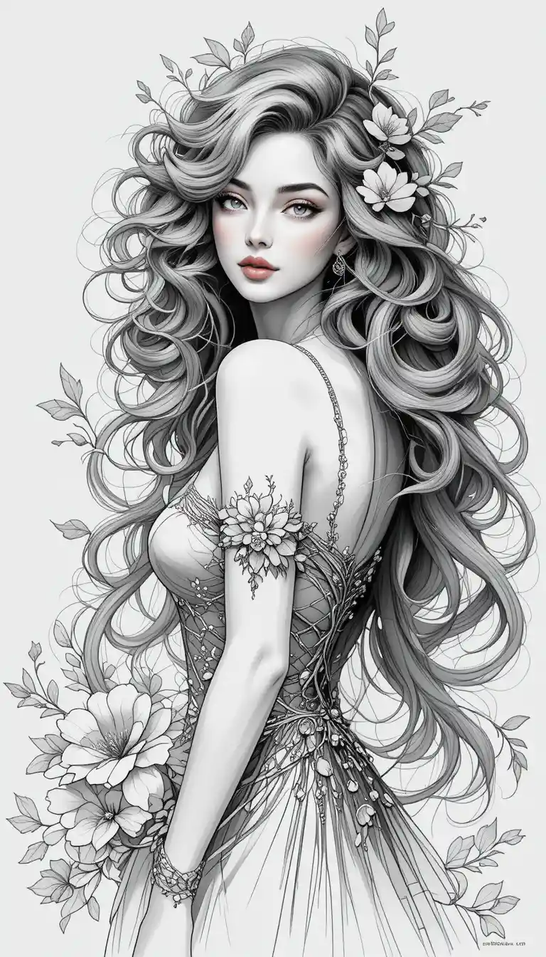 Monochrome portrait of a woman with flowing hair and flowers