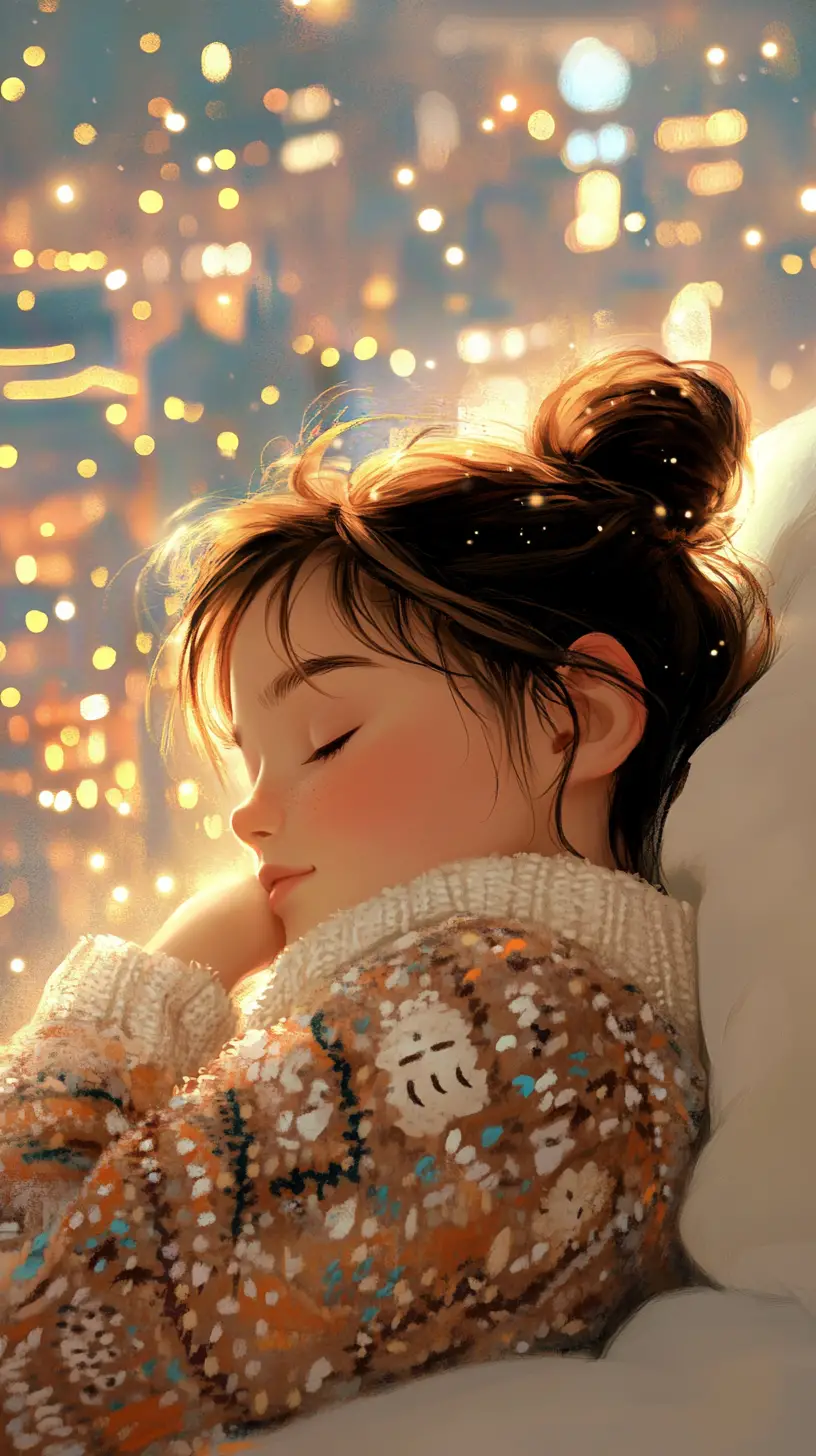 Sleeping girl in bed with dreamy city lights