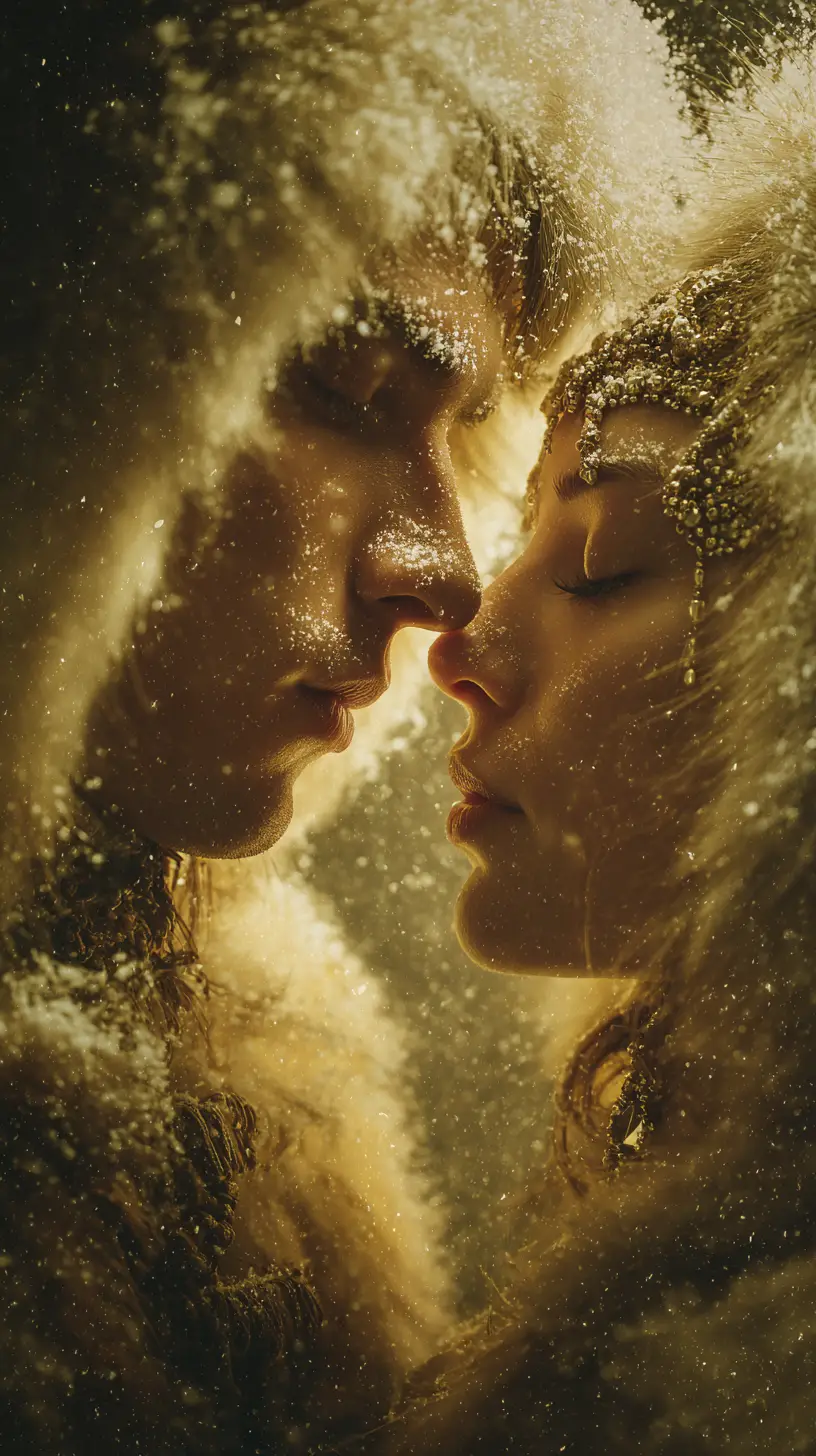 Eskimo couple sharing a gentle kiss under yellow night sky