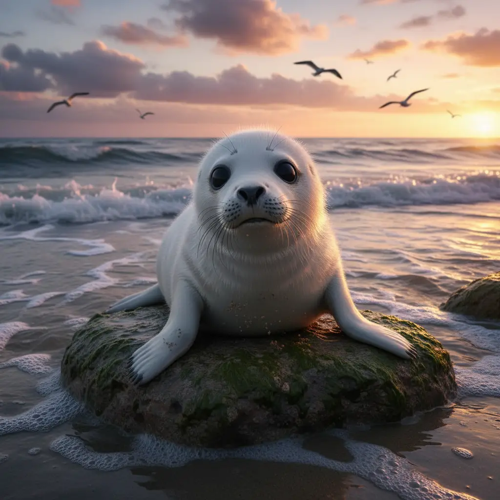 夕陽下岩石海灘上的可愛小海豹與海鷗