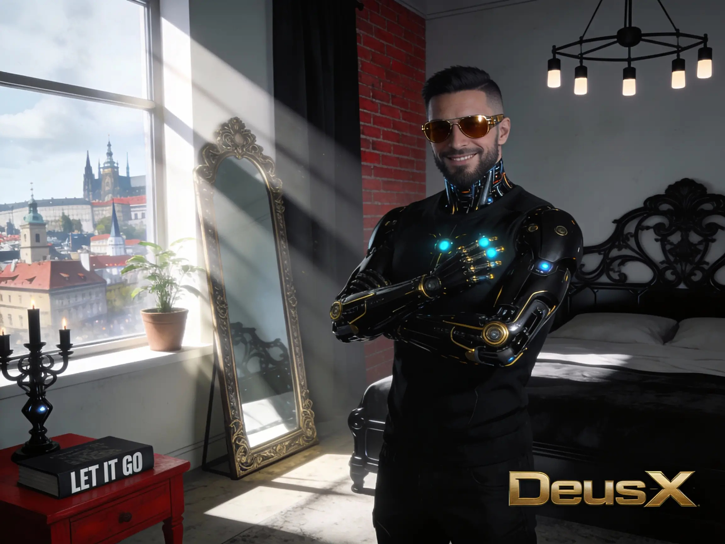 Cybernetic detective in a sunlit futuristic bedroom
