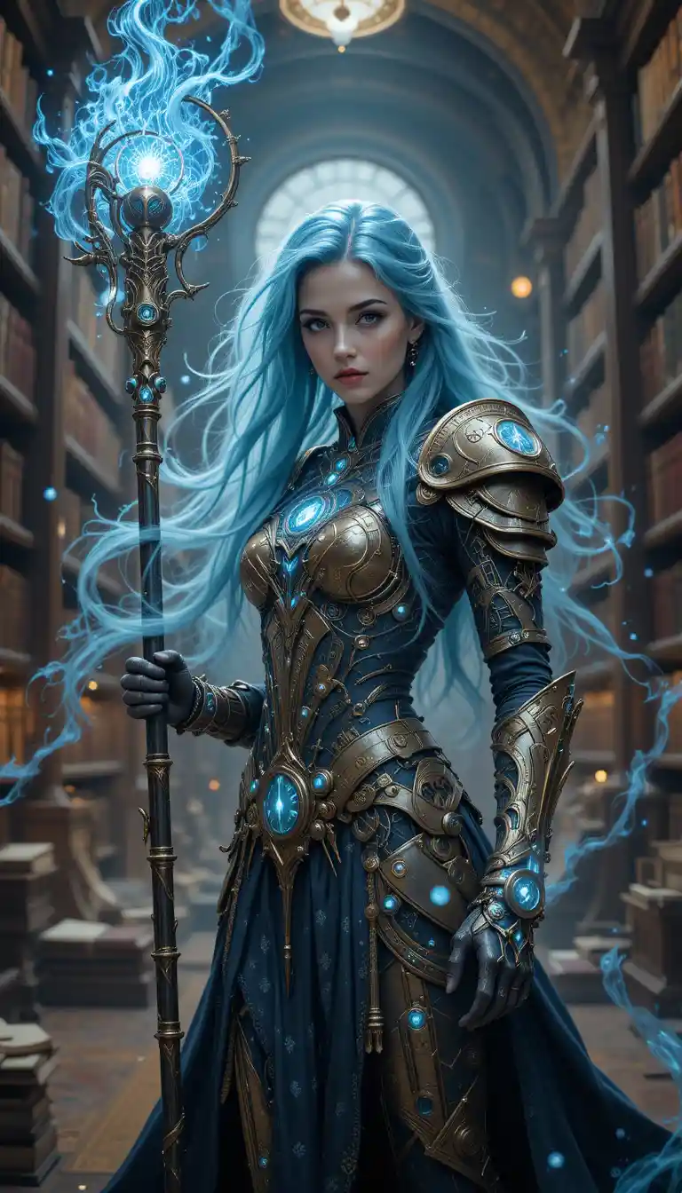 Powerful female mage in a glowing arcane library