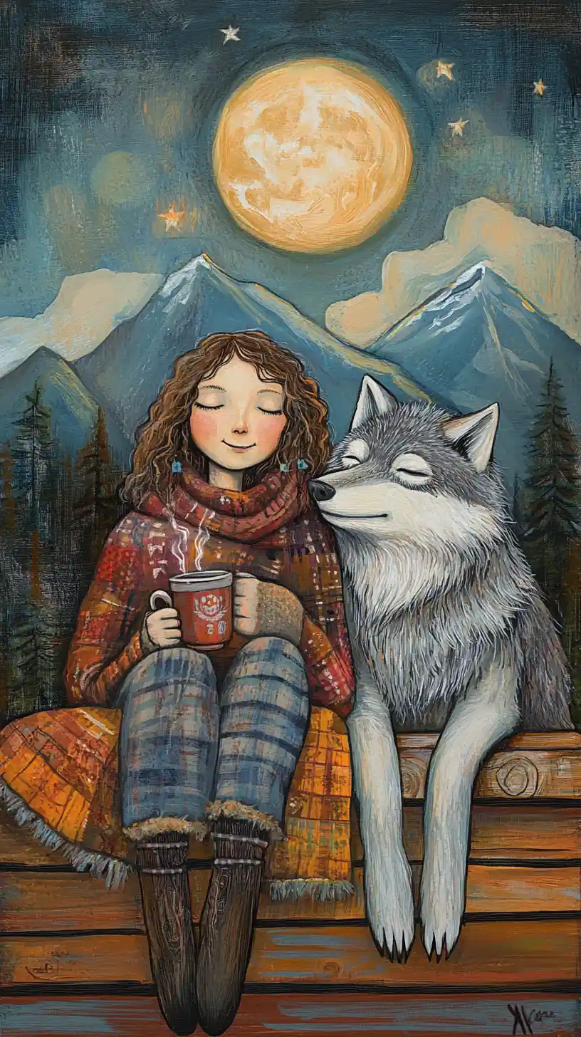Witch And Wolf Sharing Coffee On A Mountain Porch