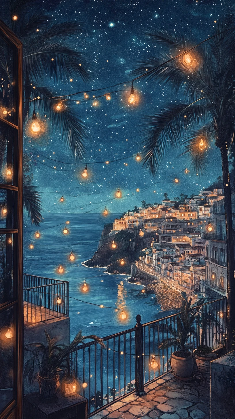 Vista magica dal balcone su una città costiera di notte