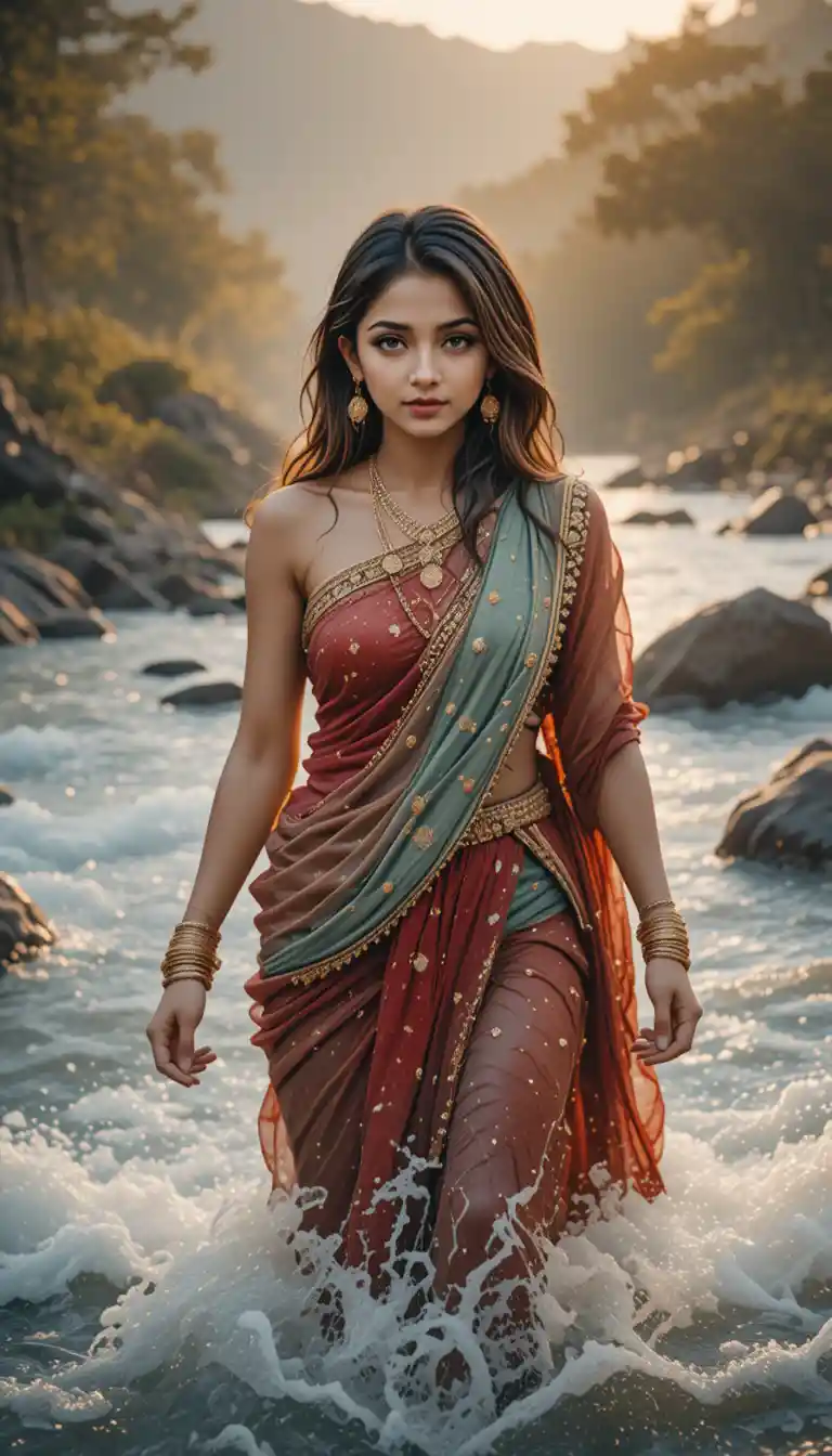 Woman in red and green dress crossing a wild river