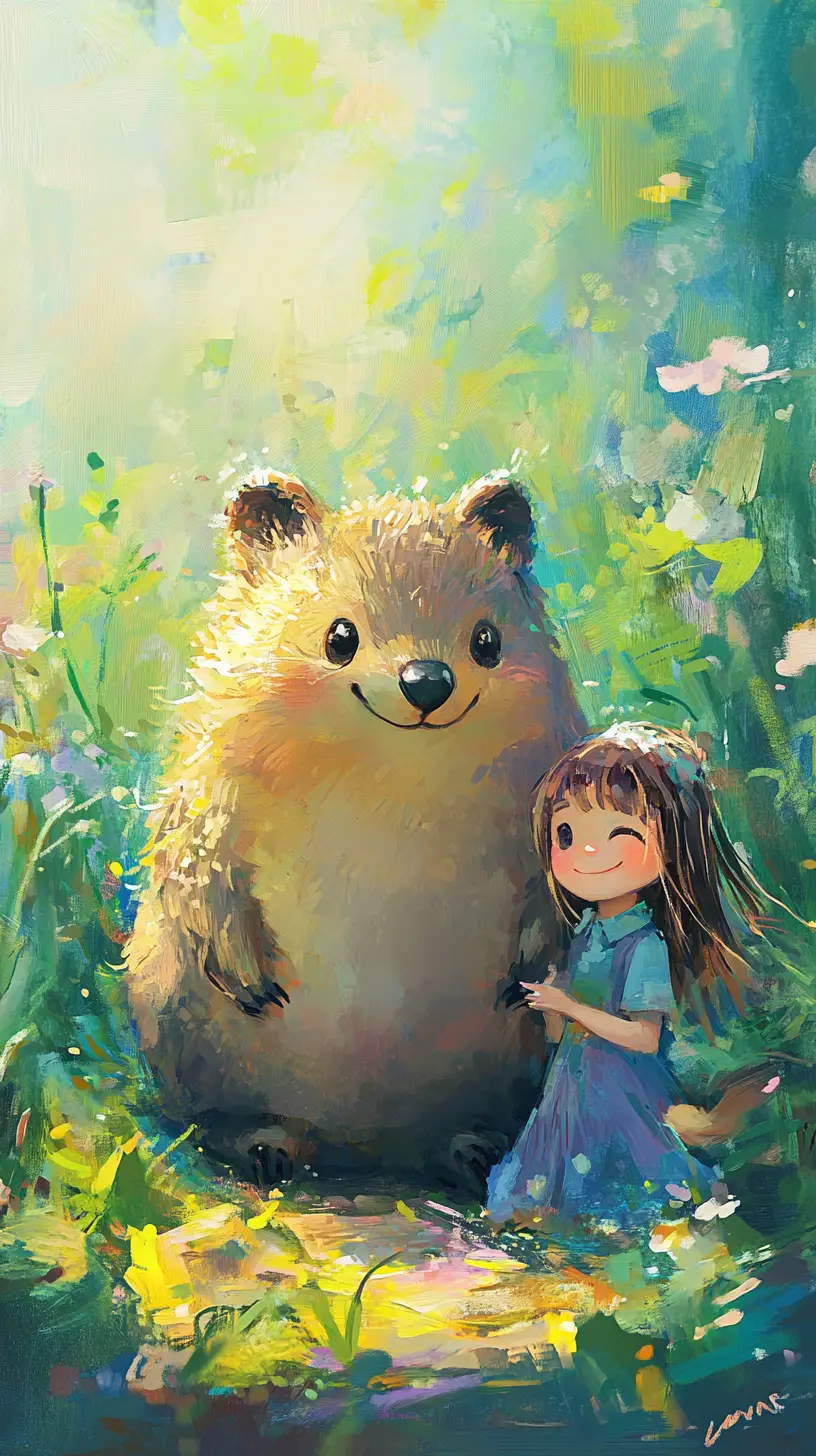 Happy quokka with girl in a serene pastel landscape