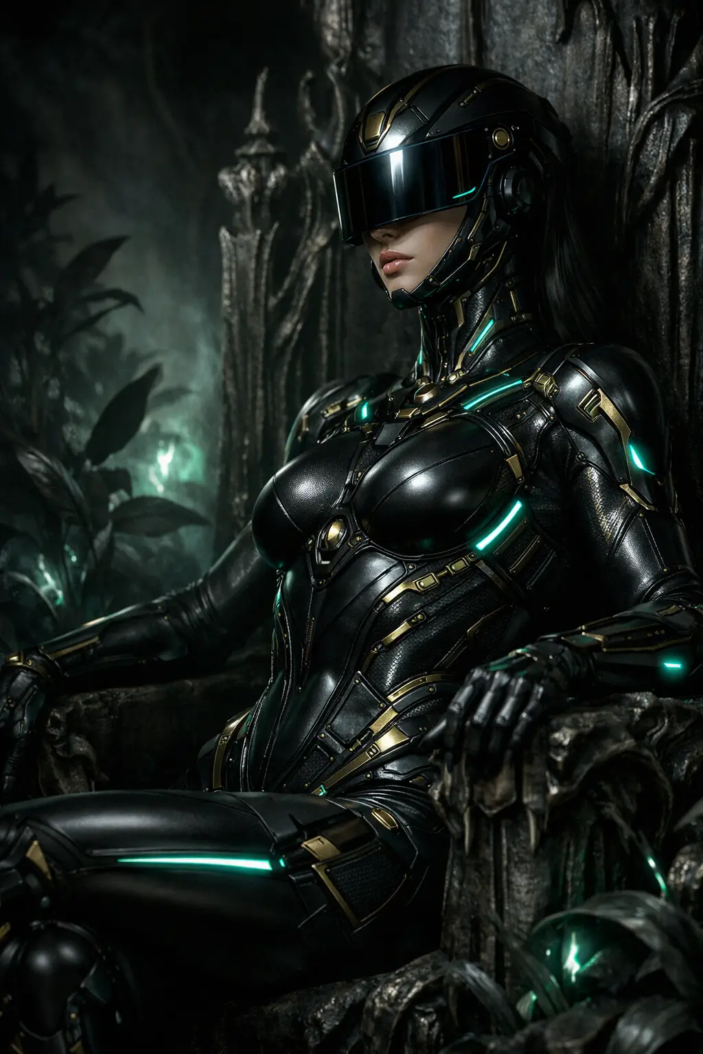 Biomechanoid woman seated on an ancient fantasy throne