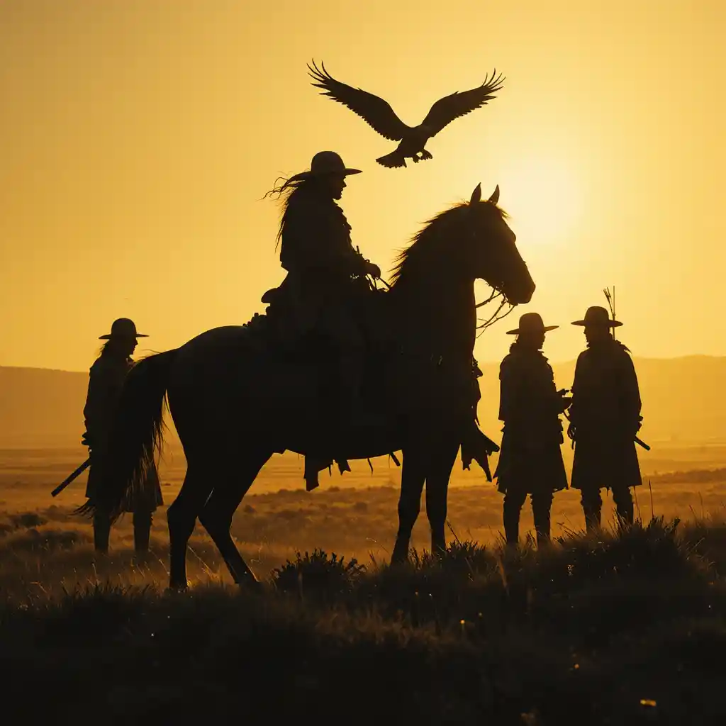 Cavalier silhouetté avec arc et faucon à l’horizon doré