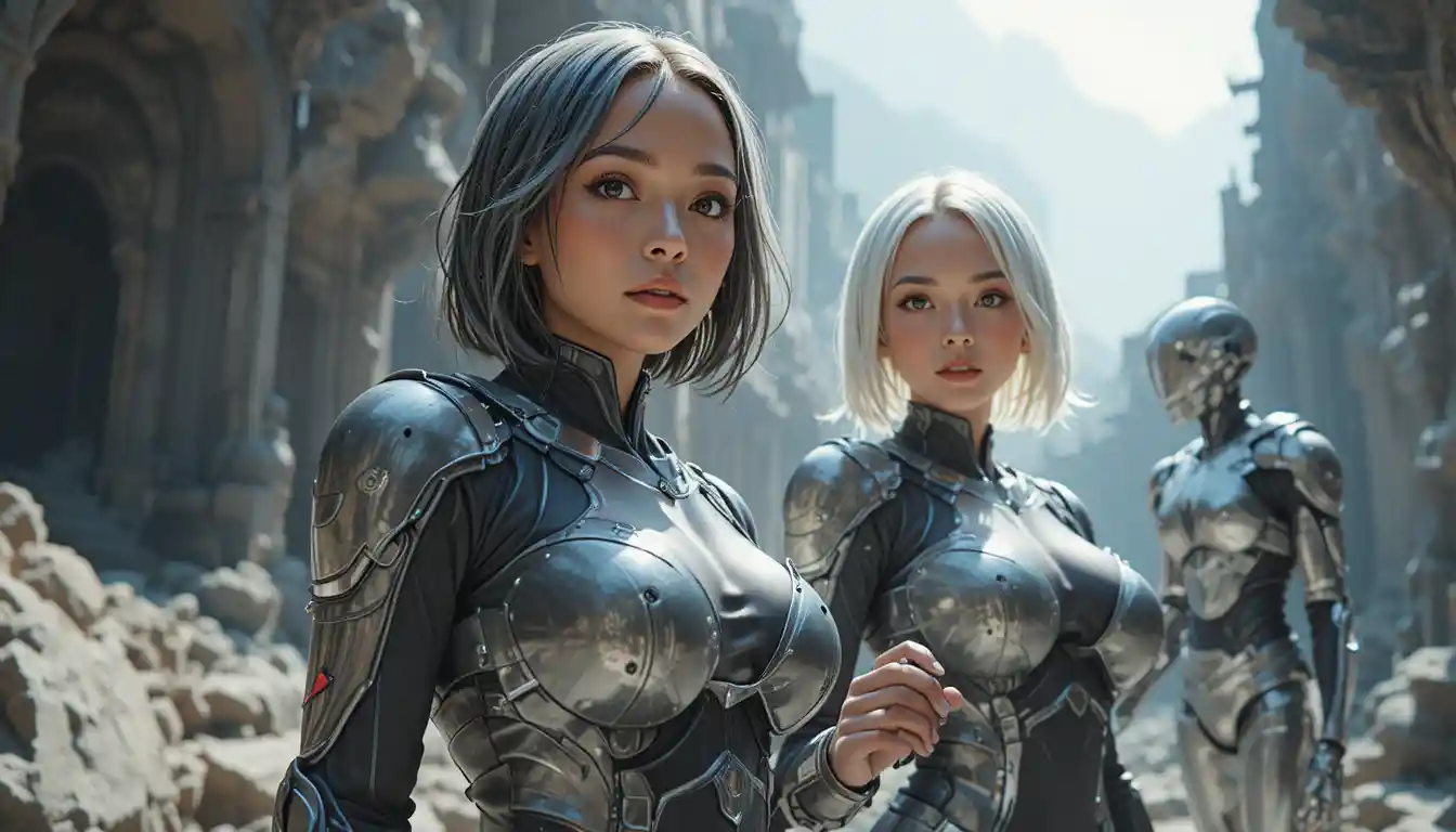 Two armored sci fi women and robot in alien city