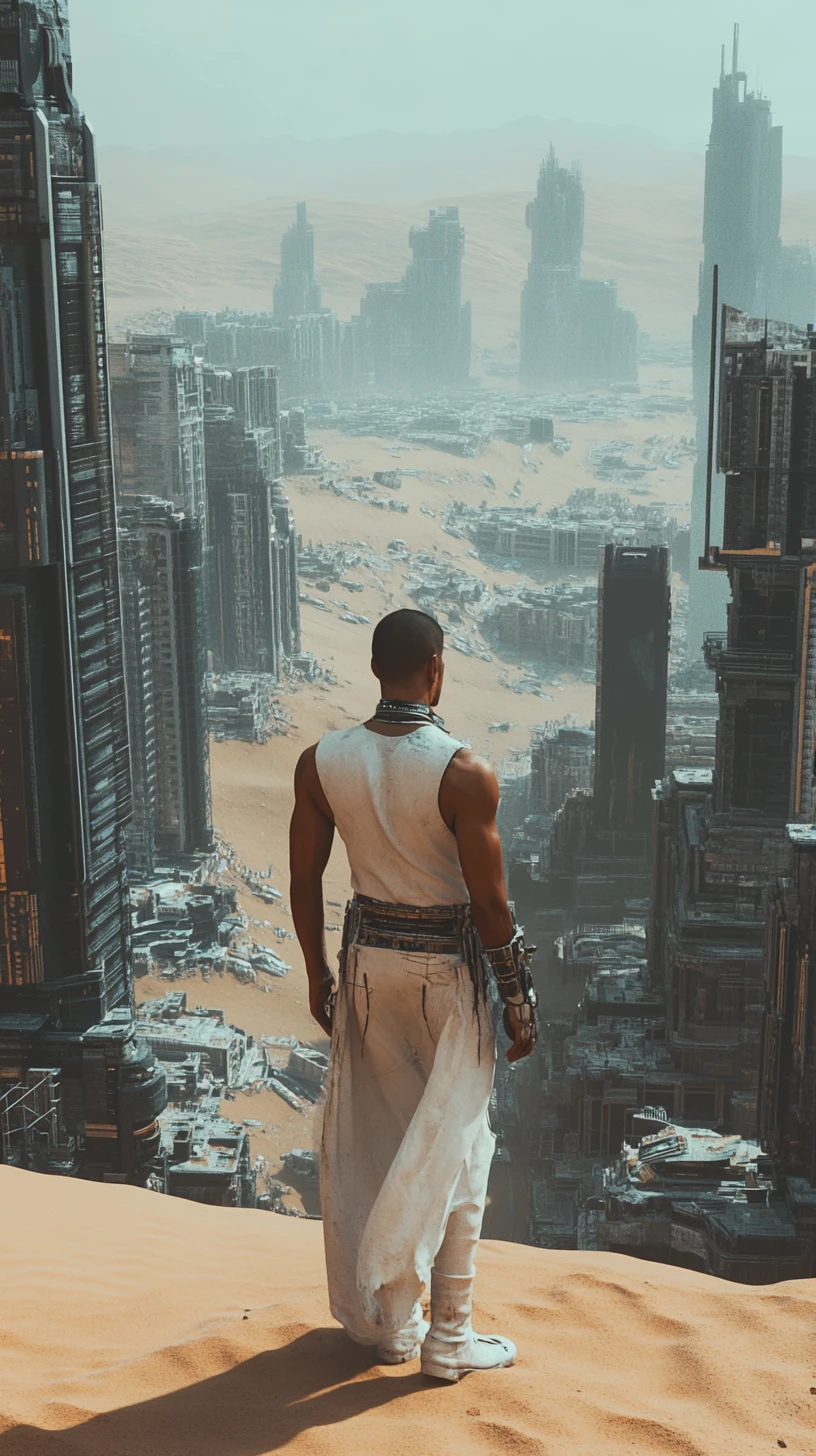 Uomo calvo in campo distopico nel deserto davanti a città futuristica