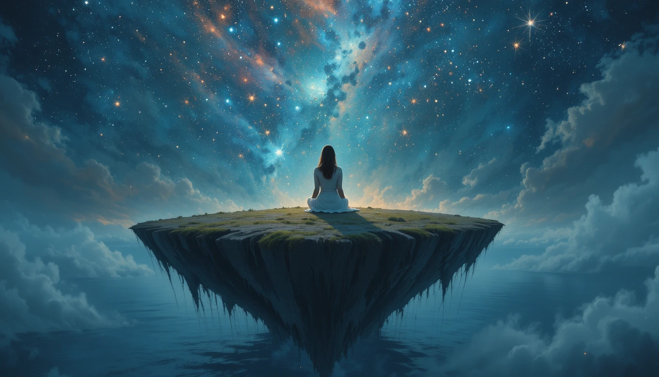 寧靜星光海面上漂浮小島上的女子