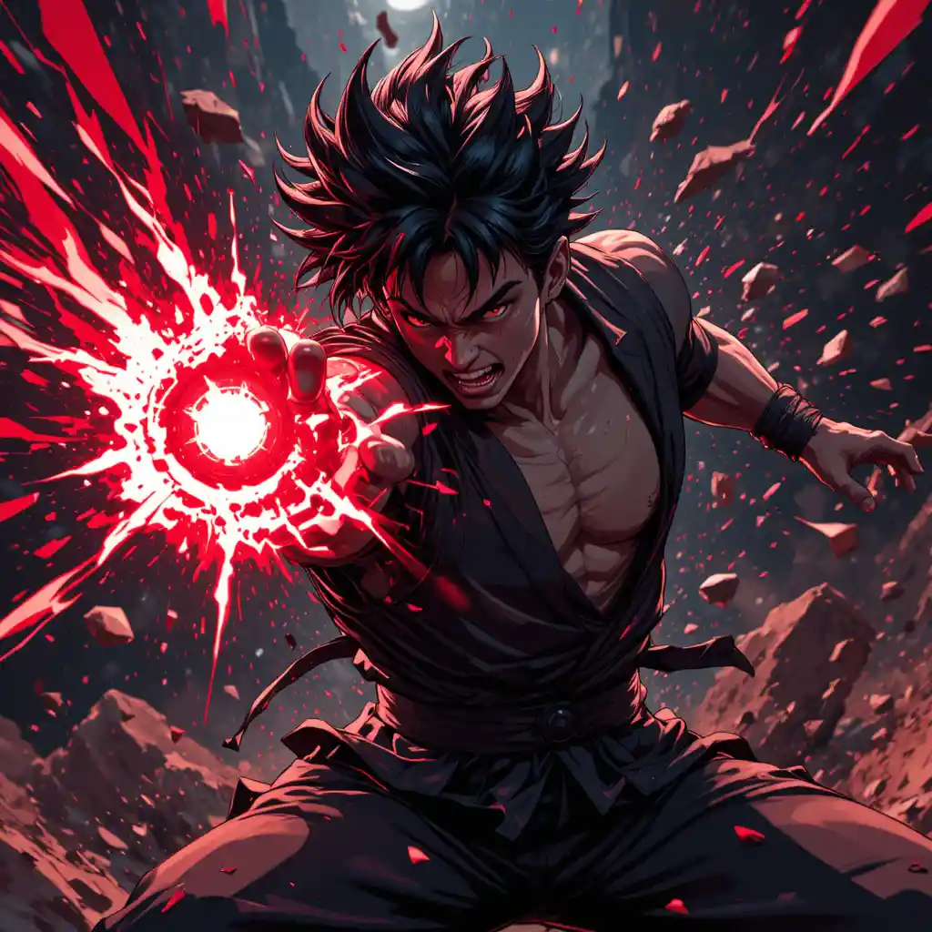 Anime fighter lunging forward in explosive crimson attack