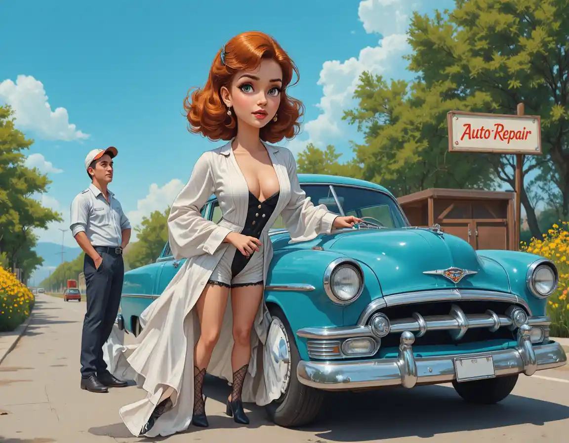 Pin up woman in windy dress by blue car roadside