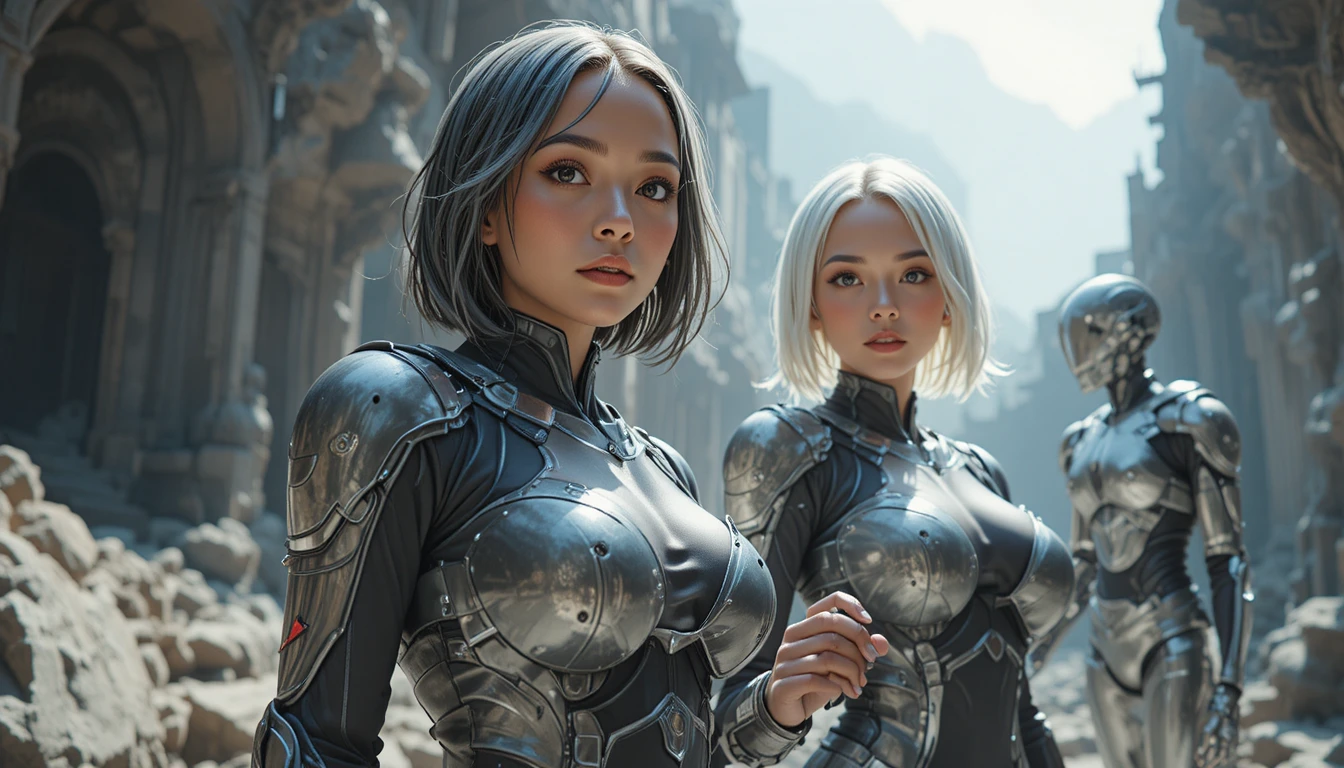 Two armored sci fi women and robot in alien city