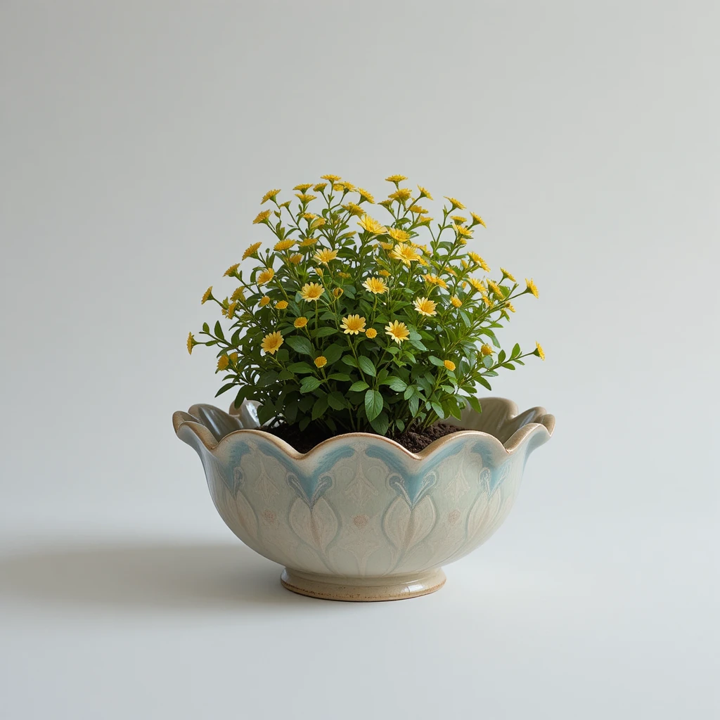 Elegante planta en maceta en cuenco ornamentado sobre fondo blanco