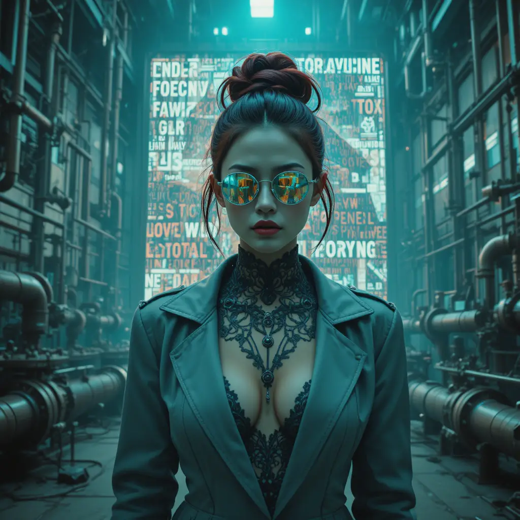 Glitch noir fashion woman in industrial chemical plant