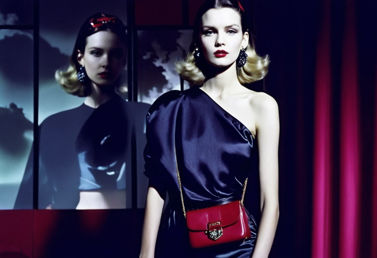 Young model posing with handbag on shadowy stage