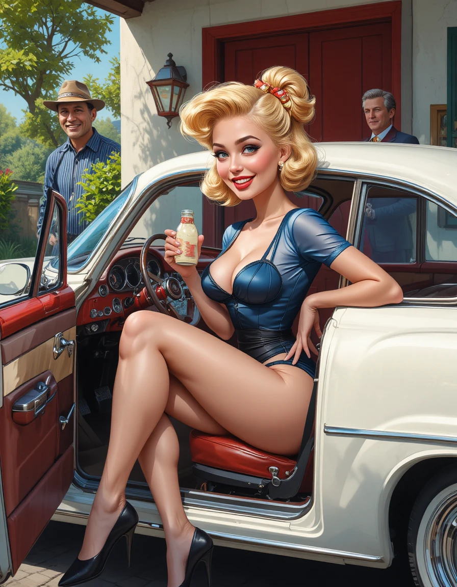 Blonde pin up woman posing in a white sports car