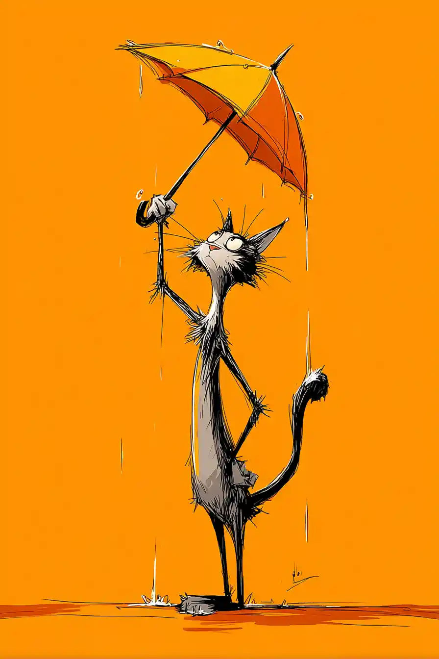 Wütende große Katze mit Regenschirm im Regen
