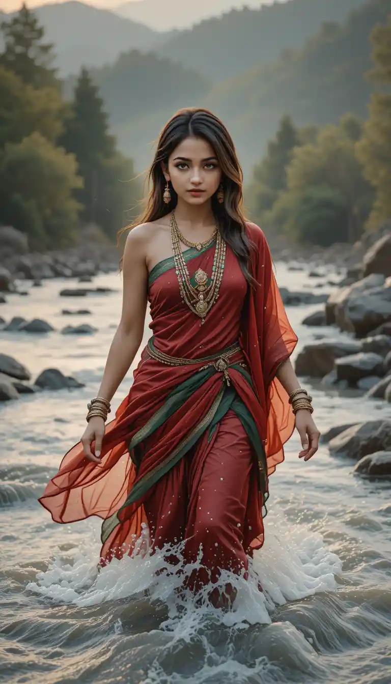 Woman crossing flood river in traditional red and green dress