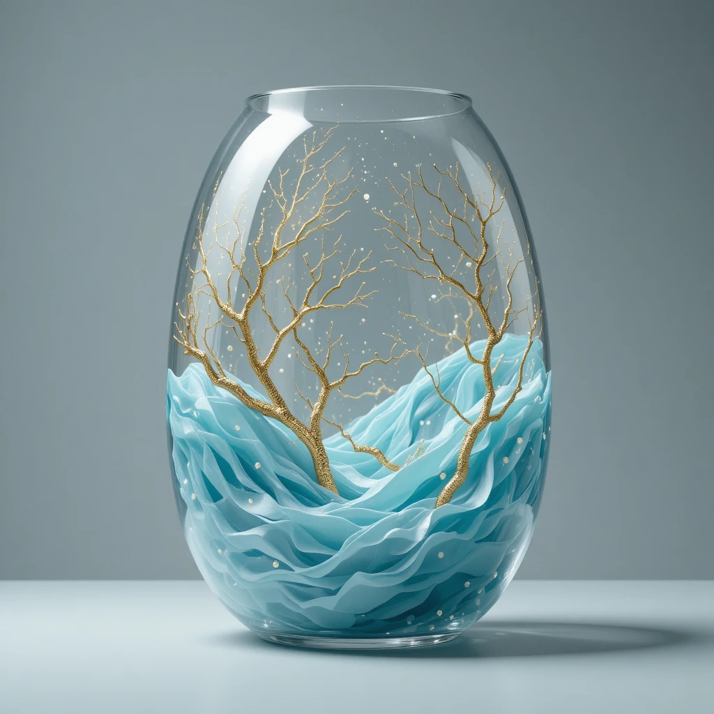 Translucent glass sculpture with teal fabric and gold veins