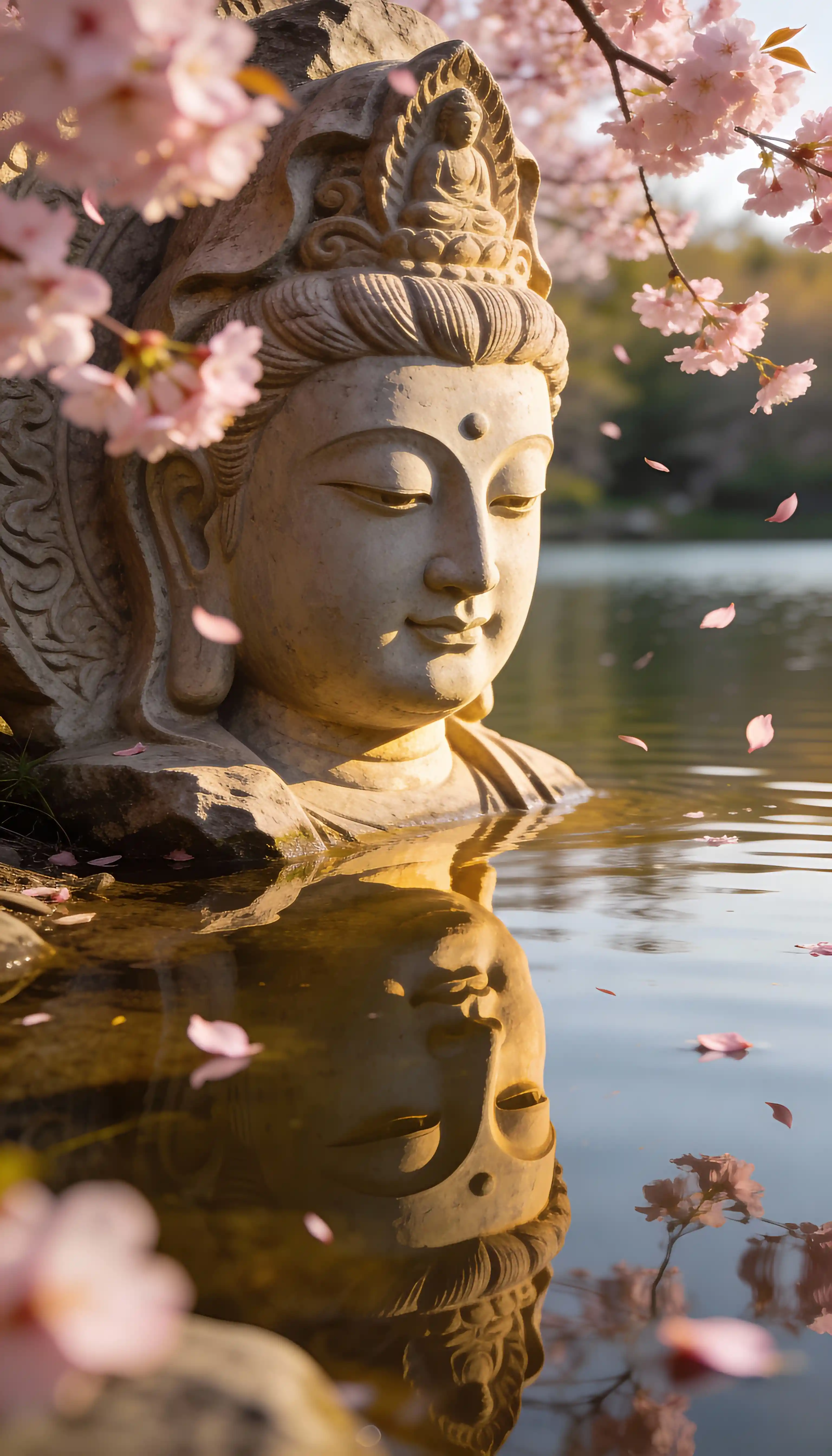 Serena statua di Buddha in pietra riflessa sulla riva di un lago tranquillo