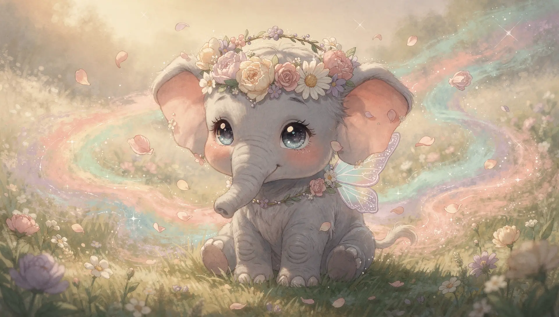 Cute Baby Elephant With Flower Crown In Enchanted Meadow