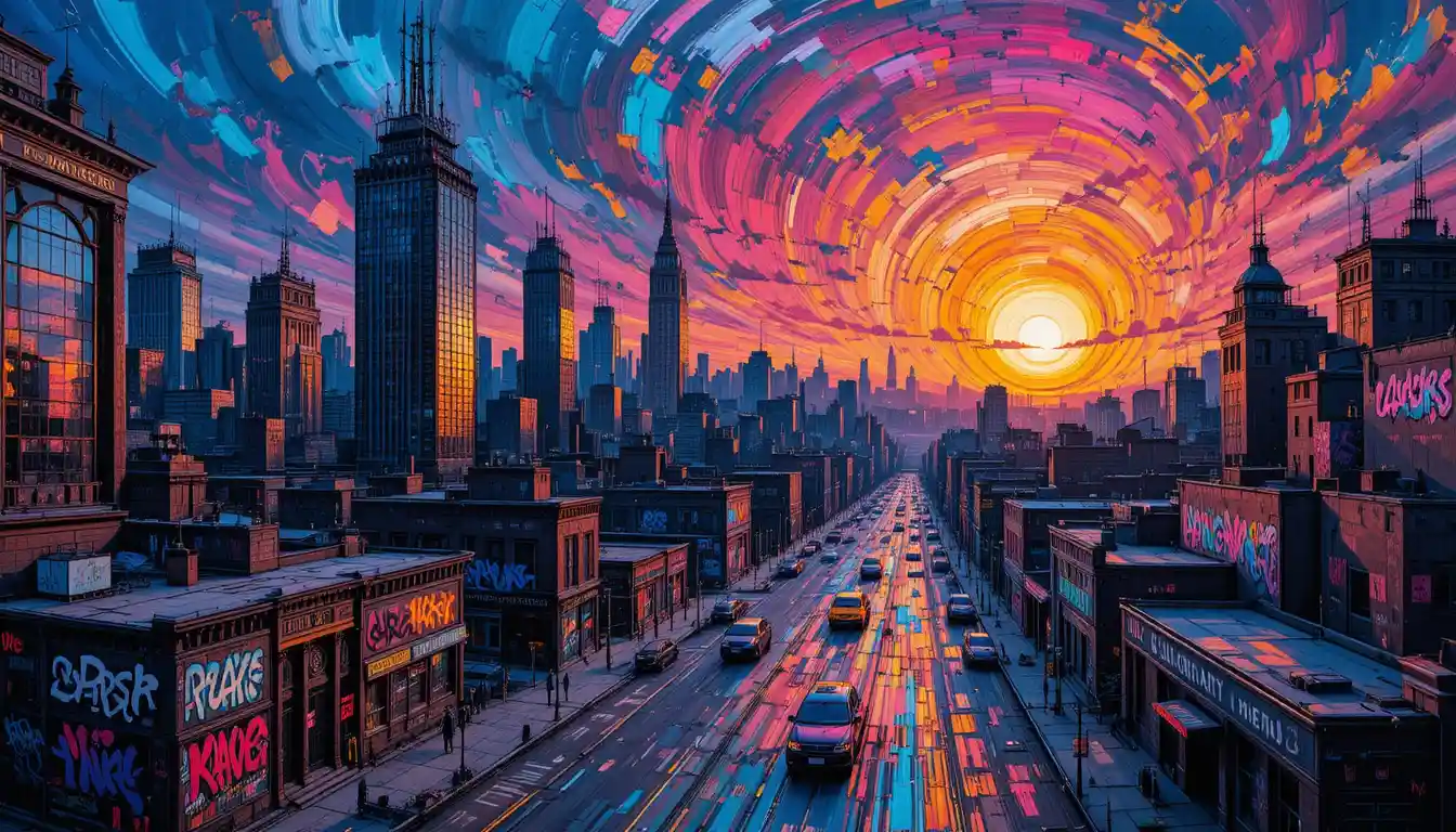 Abstract dusk cityscape warped with neon surreal skyscrapers