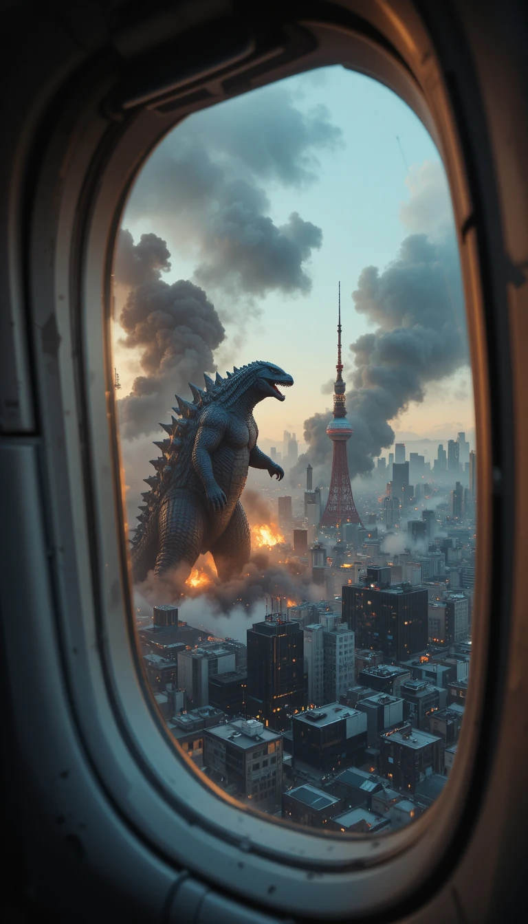 Kinematischer Blick auf ein riesiges Monster, das Tokio in der Dämmerung angreift
