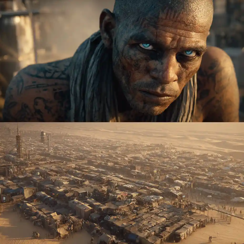 Bald man in dystopian desert city with hover vehicles