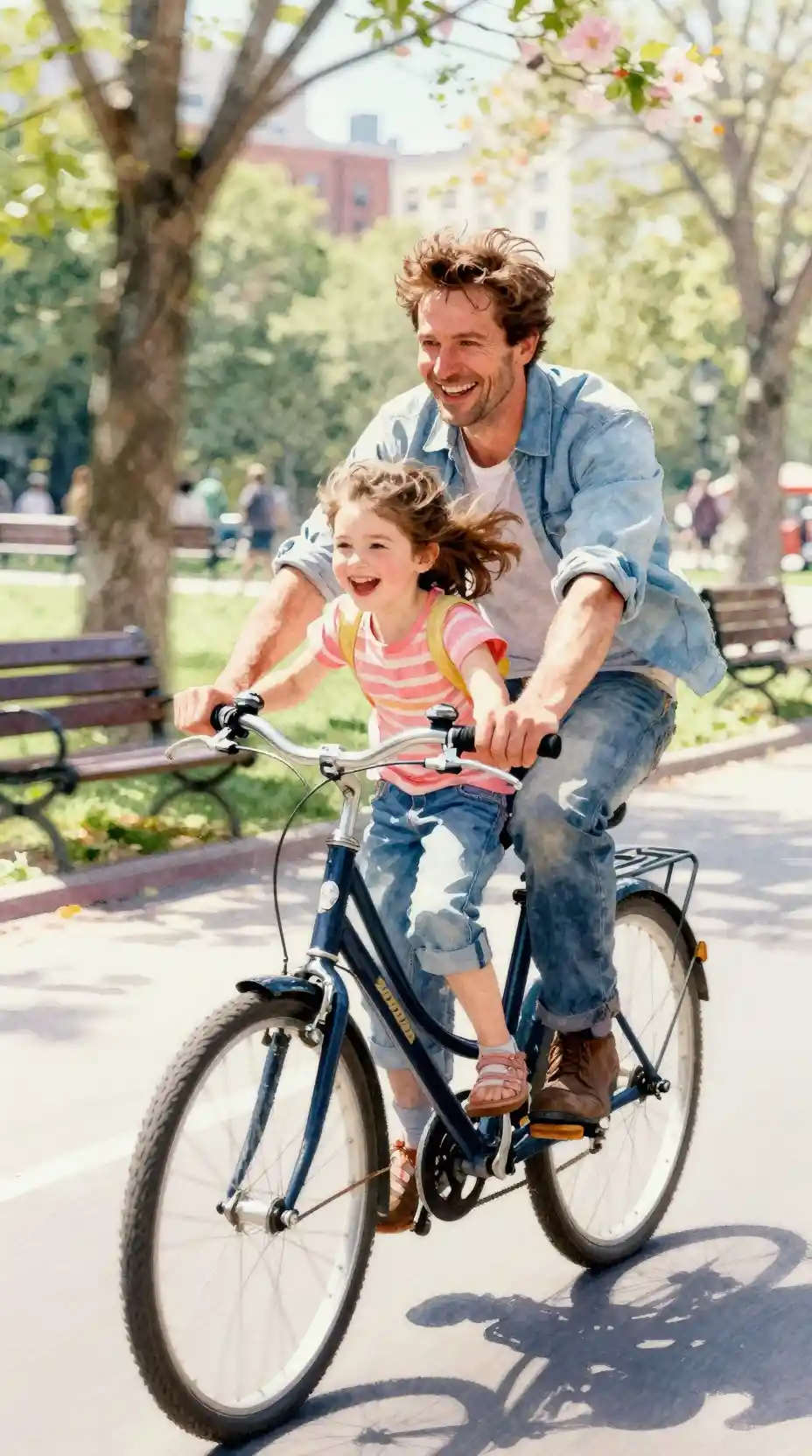Padre e hija riendo en una bicicleta tándem en el parque