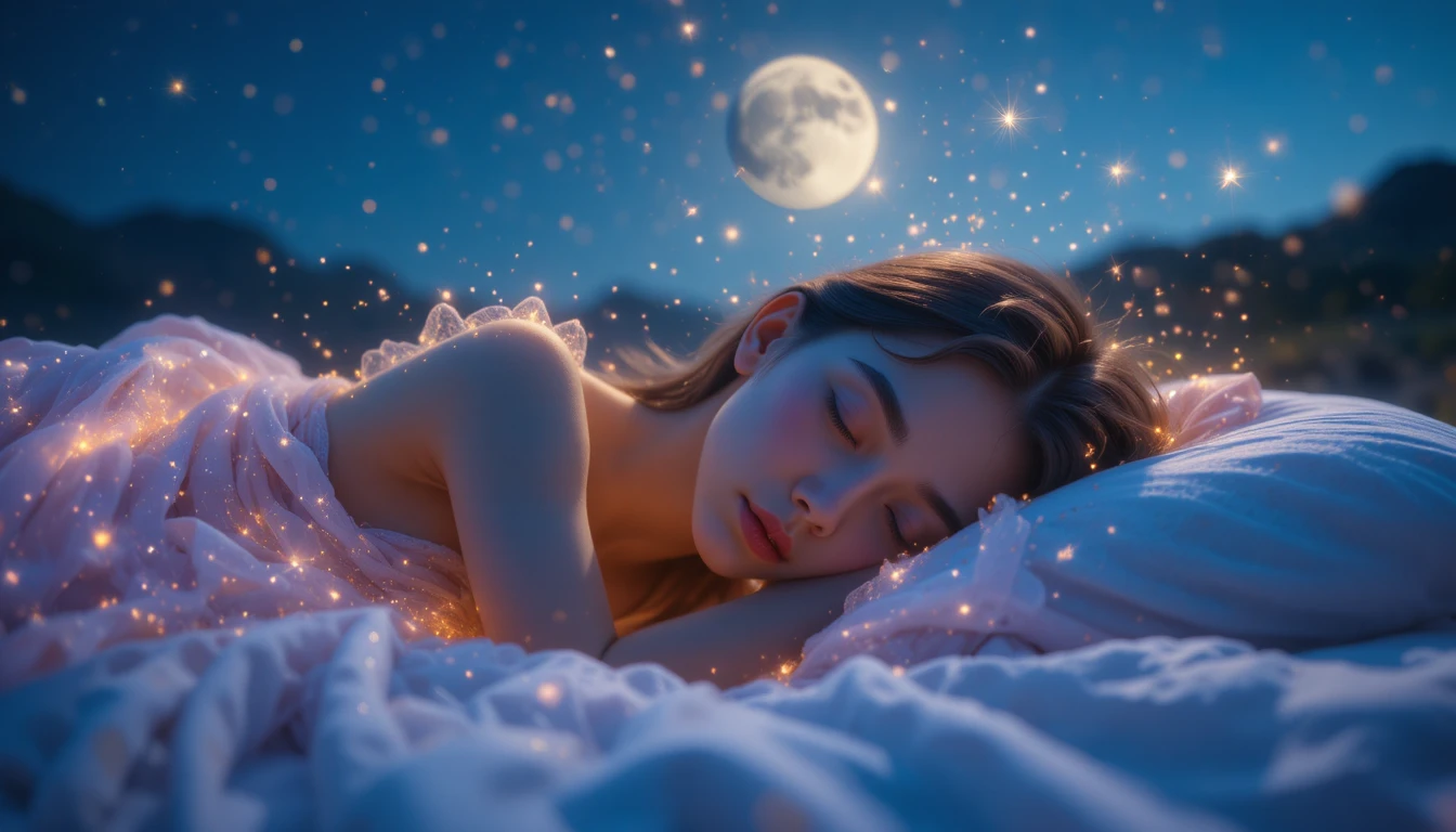 Giovane donna che dorme sotto un tranquillo cielo notturno stellato