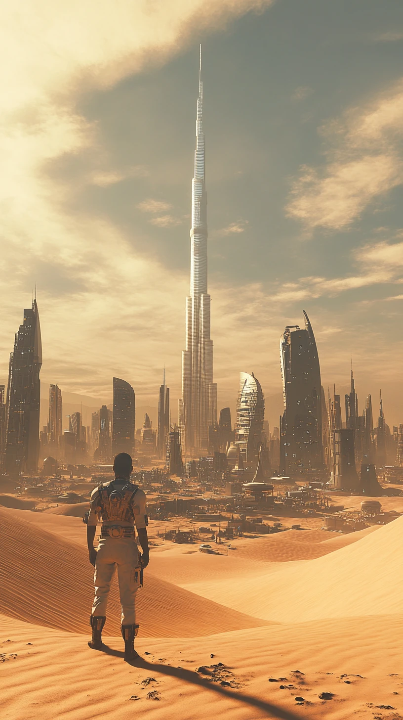 Uomo calvo in città desertica distopica con campo futuristico