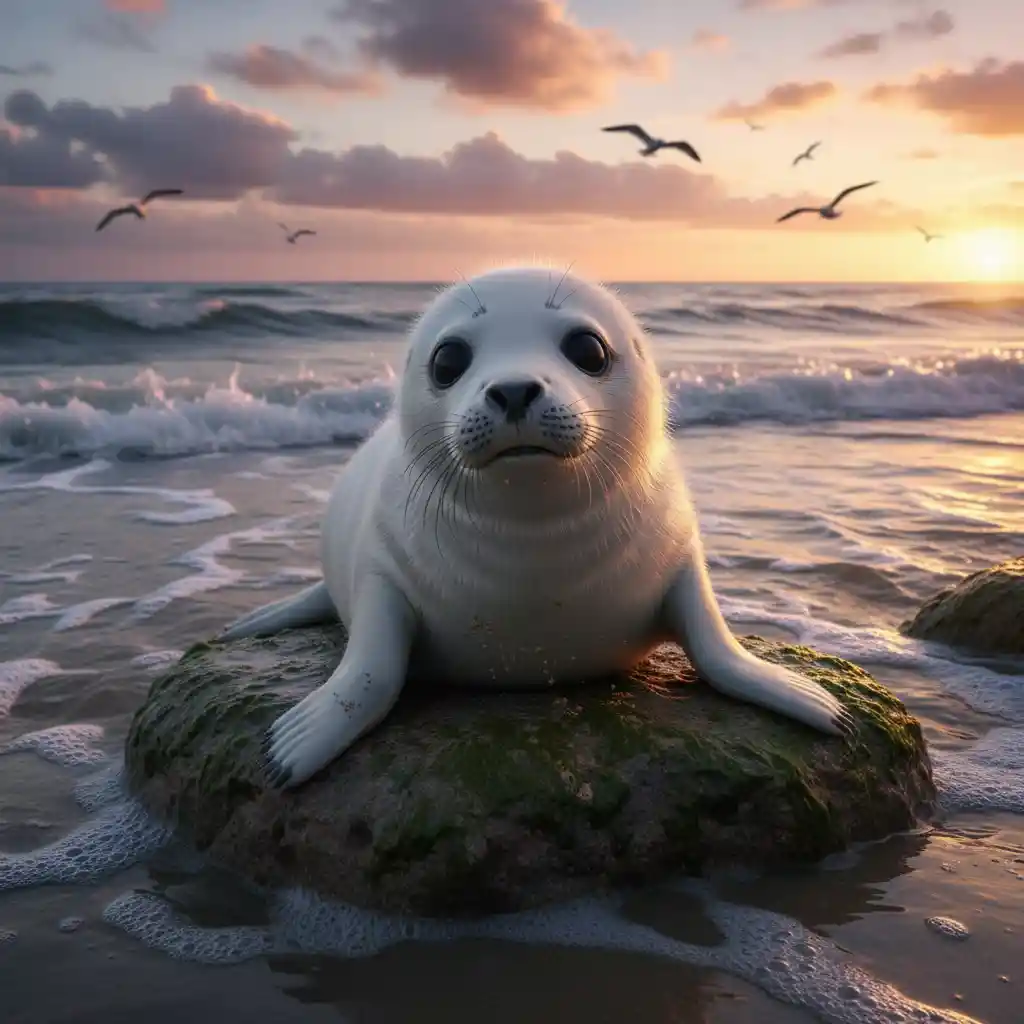 Dolce giovane foca su spiaggia rocciosa al tramonto con gabbiani