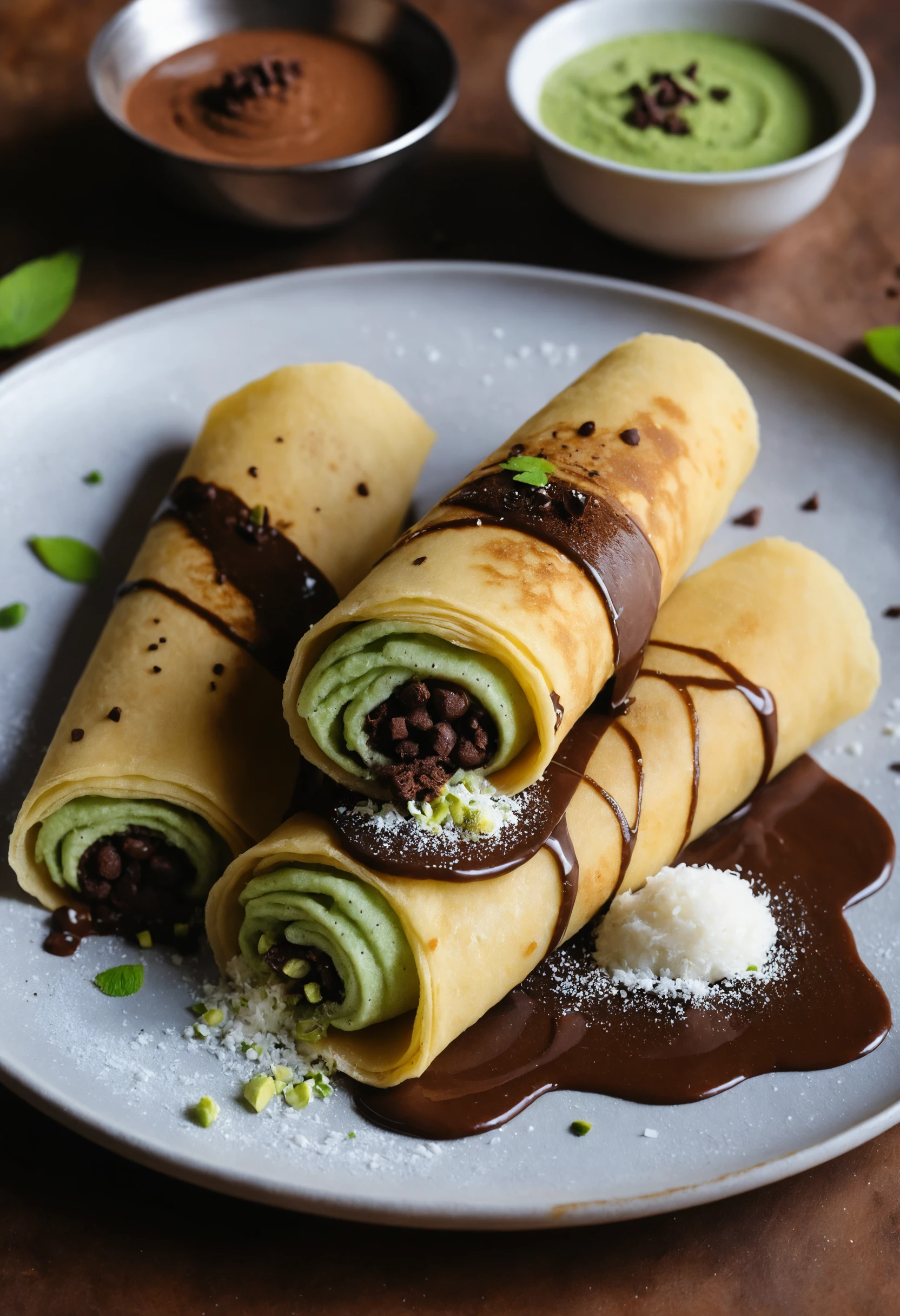 Rollos de Dosa de Chocolate Fundido con Vetos de Chutney de Coco