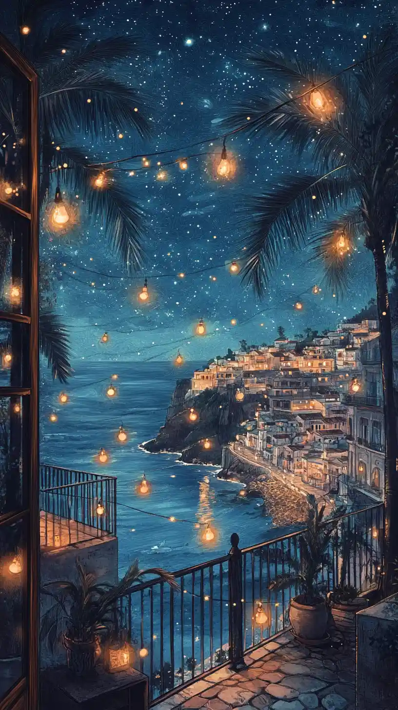 Magical balcony view over a coastal city at night